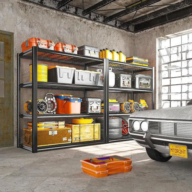 Alt view image 2 of 7 - 40" W Storage Shelves with Wire Mesh Panels for Garage Organization | 560Lbs/tier, 40" W x 19.5" D x 59.5" H, Adjustable, 4-Tier, Double-Layer Frame, Rustproof Finish, for Basement Warehouse, 4Pc