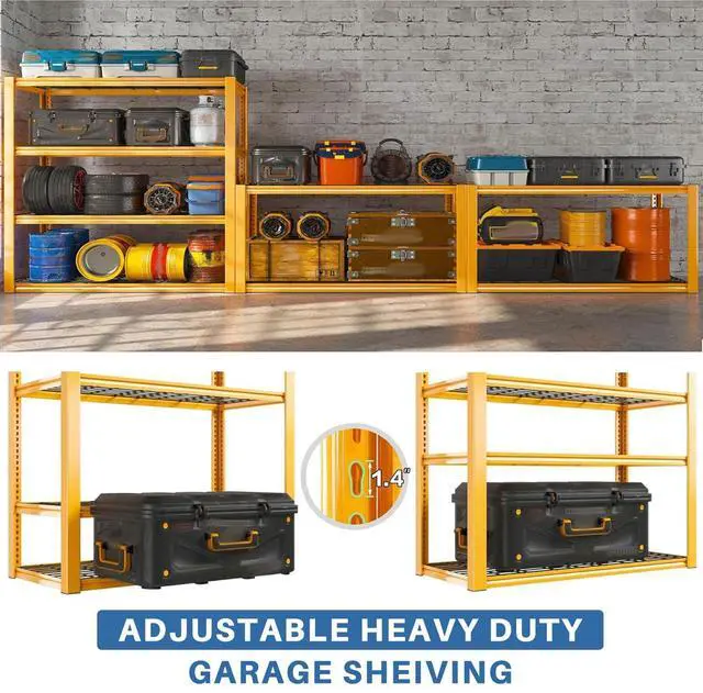 Alt view image 6 of 7 - 40" W Yellow Garage Shelving with Double-Layer Frames for Homeowners | 2240Lbs, Adjustable, 10-Min Easy Assembly, Wire Mesh Panels, for Garage Basement Warehouse Commercial, 40"W×19.5"D×59.5"H, 2P