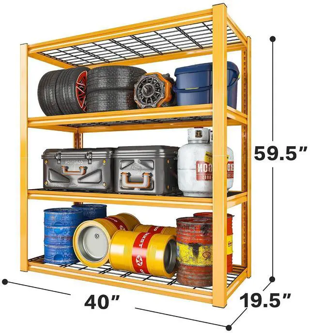 Alt view image 3 of 7 - 40" W Yellow Garage Shelving with Double-Layer Frames for Homeowners | Load 2200Lbs, Adjustable, 10-Minute Easy Assembly, Wire Mesh Panels, for Garage Basement Warehouse Pantry, 40"W×19.5"D×59.5"H