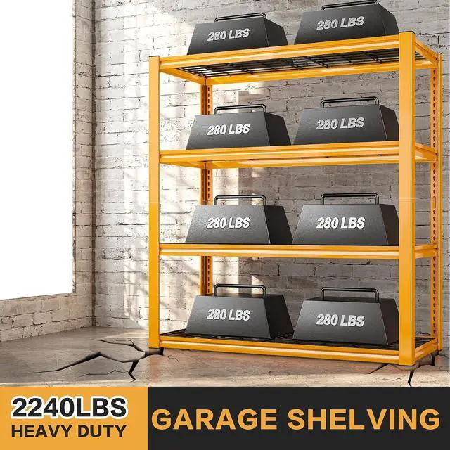 Alt view image 4 of 7 - 40" W Yellow Garage Shelving with Double-Layer Frames for Homeowners | 2240Lbs, Adjustable, 10-Min Easy Assembly, Wire Mesh Panels, for Garage Basement Warehouse Commercial, 40"W×19.5"D×59.5"H, 4P