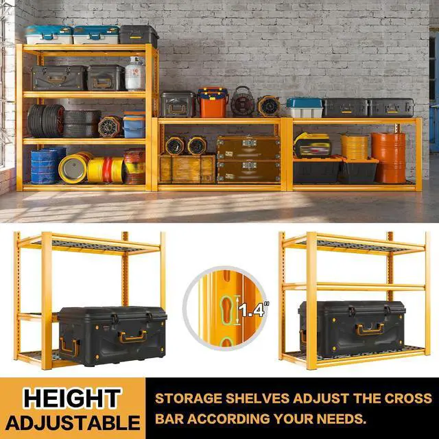 Alt view image 7 of 7 - 40" W Yellow Garage Shelving with Double-Layer Frames for Homeowners | Load 2200Lbs, Adjustable, 10-Minute Easy Assembly, Wire Mesh Panels, for Garage Basement Warehouse Pantry, 40"W×19.5"D×59.5"H