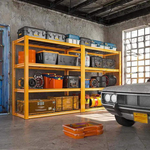 Alt view image 2 of 7 - 40" W Yellow Garage Shelving with Double-Layer Frames for Homeowners | 2240Lbs, Adjustable, 10-Min Easy Assembly, Wire Mesh Panels, for Garage Basement Warehouse Commercial, 40"W×19.5"D×59.5"H, 4P