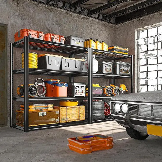 Alt view image 2 of 7 - 40" W Storage Shelves with Wire Mesh Panels for Garage Organization | 560Lbs/tier, 40" W x 19.5" D x 59.5" H, Adjustable, 4-Tier, Double-Layer Frame, Rustproof Finish, for Basement Warehouse, 3Pc