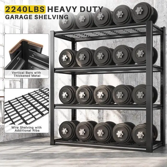 Alt view image 4 of 7 - 40" W Storage Shelves with Wire Mesh Panels for Garage Organization | 560Lbs/tier, 40" W x 19.5" D x 59.5" H, Adjustable, 4-Tier, Double-Layer Frame, Rustproof Finish, for Basement Warehouse, 4Pc