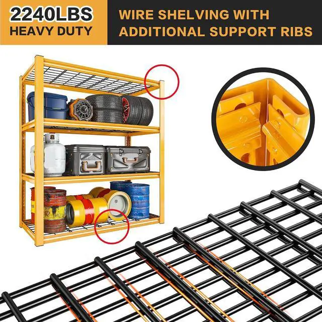 Alt view image 7 of 7 - 40" W Yellow Garage Shelving with Double-Layer Frames for Homeowners | 2240Lbs, Adjustable, 10-Min Easy Assembly, Wire Mesh Panels, for Garage Basement Warehouse Commercial, 40"W×19.5"D×59.5"H, 4P