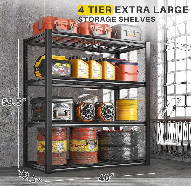 Alt view image 3 of 7 - 40" W Storage Shelves with Wire Mesh Panels for Garage Organization | 560Lbs/tier, 40" W x 19.5" D x 59.5" H, Adjustable, 4-Tier, Double-Layer Frame, Rustproof Finish, for Basement Warehouse, 3Pc