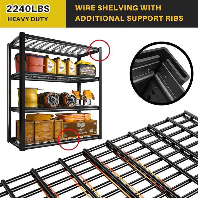 Alt view image 4 of 7 - 40" W Storage Shelves with Wire Mesh Panels for Garage Organization | 560Lbs/tier, 40" W x 19.5" D x 59.5" H, Adjustable, 4-Tier, Double-Layer Frame, Rustproof Finish, for Basement Warehouse, 2Pc
