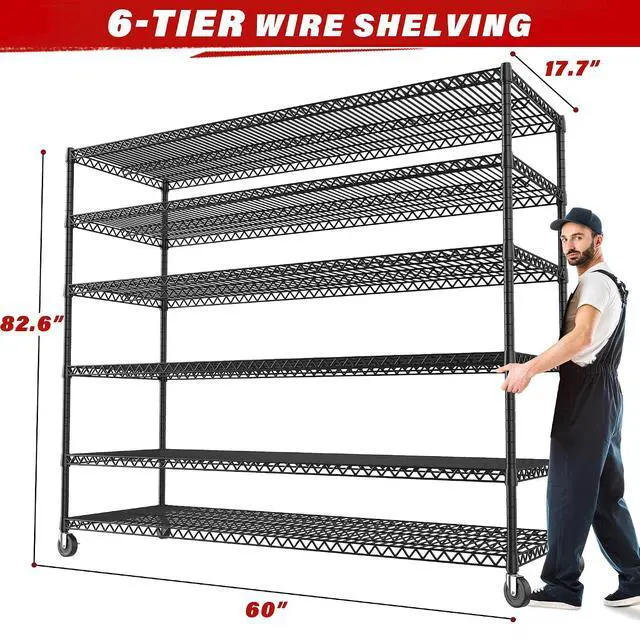 Alt view image 3 of 7 - 6-Tier Wire Shelving Units with Wheels 60" W Extra-Wide Heavy Duty Metal Shelving, 3,598 lbs Capacity, Adjustable Storage Racks for Garage, Pantry, Basement & Commercial Use, 2 Pack