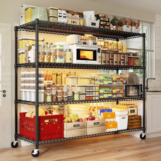 Alt view image 2 of 7 - 60''W Storage Shelves 2399LBS Metal Shelving Unit with Wheels & Feet, 4 Tier Garage Shelving Heavy Duty Adjustable Wire Shelf for Pantry Kitchen Garage, 60" W x 17.7" D x 65.5" H, 2 Pack