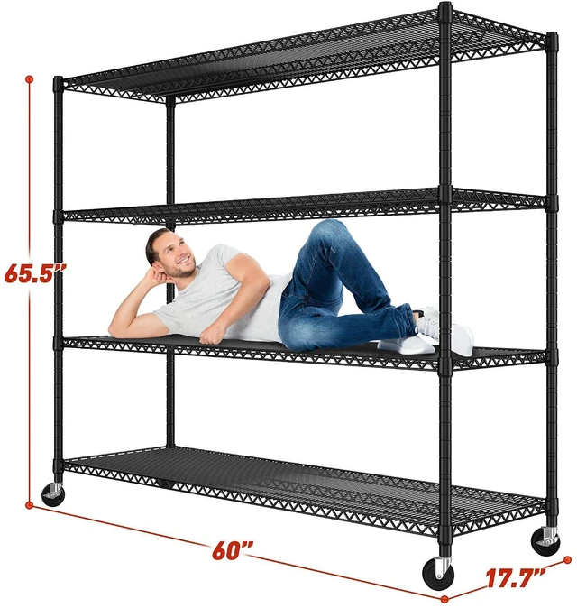 Alt view image 3 of 7 - 60''W Storage Shelves 2399LBS Metal Shelving Unit with Wheels & Feet, 4 Tier Garage Shelving Heavy Duty Adjustable Wire Shelf for Pantry Kitchen Garage, 60" W x 17.7" D x 65.5" H, 2 Pack