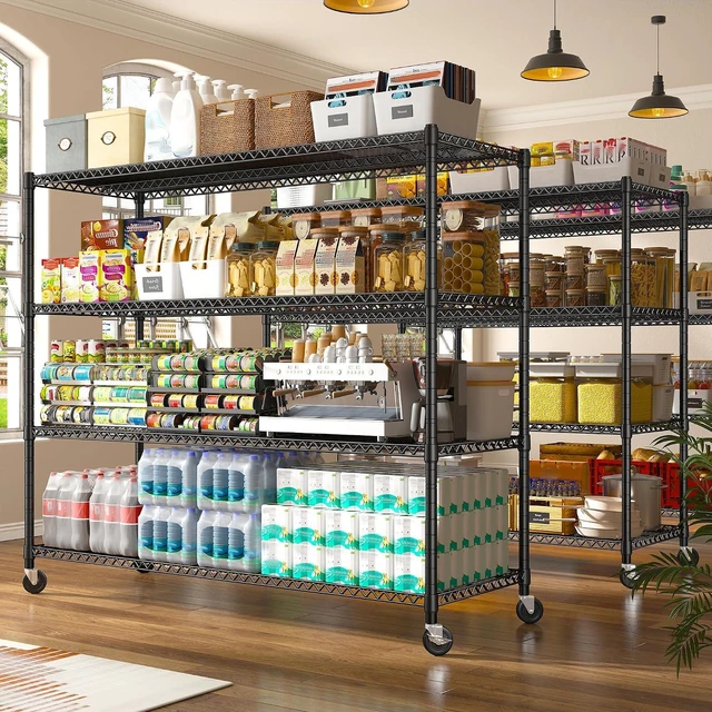 Alt view image 4 of 7 - 60''W Storage Shelves 2399LBS Metal Shelving Unit with Wheels & Feet, 4 Tier Garage Shelving Heavy Duty Adjustable Wire Shelf for Pantry Kitchen Garage, 60" W x 17.7" D x 65.5" H, 2 Pack