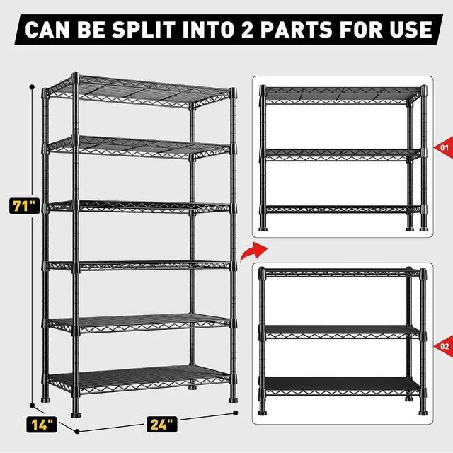 Alt view image 3 of 7 - 6-Tier Storage Shelves Metal Shelving for Storage Load 1000 LBS,Wire Shelves Heavy Duty Shelving Unit Adjustable Pantry Shelf Bathroom Kitchen Garage 24" W x 14" D x 71" H, Black