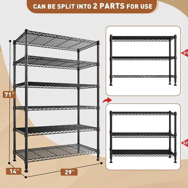 Alt view image 3 of 7 - 71" H Metal Shelves 6 Tier Storage Shelves 1200LBS Adjustable Shelving Units and Wire Shelving Unit Storage Rack Shelf Metal Shelving, 71" H x 29" W x 14" D