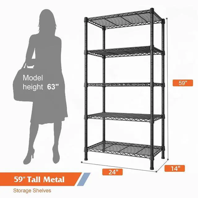 Alt view image 3 of 7 - Wire Shelving Rack 5-Tier Metal Shelves for Storage Adjustable Garage Shelving Heavy Duty Storage Shelves for Storage Rack, 24" W X 14" D X 59" H