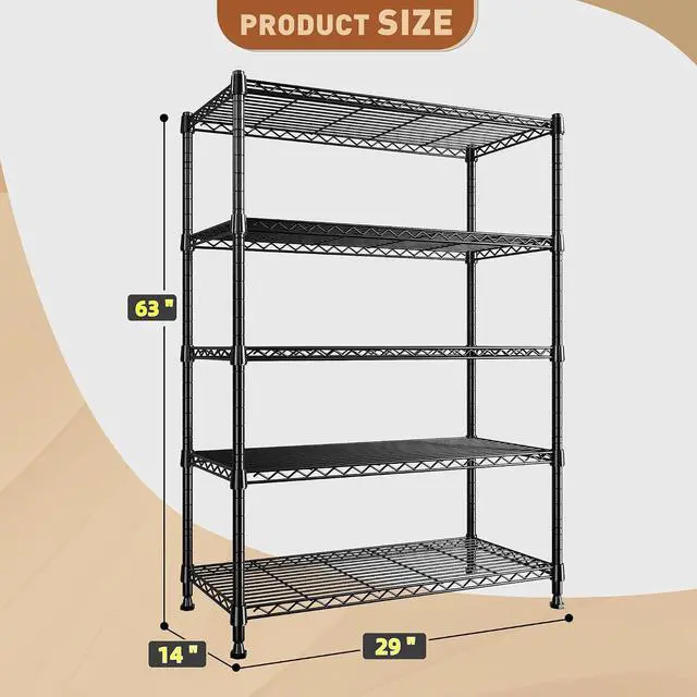 Alt view image 3 of 7 - 5-Tier Wire Shelving Storage Shelves Metal Shelves,1020 LBS Adjustable Heavy Duty Metal Shelving Units and Storage for Garage Pantry Kitchen Bathroom 29" W X 14" D X 63" H