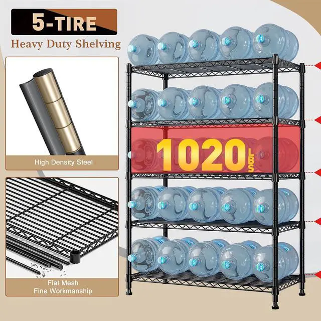 Alt view image 4 of 7 - 5-Tier Wire Shelving Storage Shelves Metal Shelves,1020 LBS Adjustable Heavy Duty Metal Shelving Units and Storage for Garage Pantry Kitchen Bathroom 29" W X 14" D X 63" H