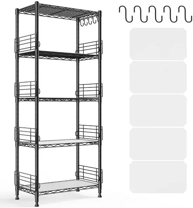 Main image of 5 Tier Wire Shelves with Side Blockers Pantry Shelves Organizers with Hooks & Shelf Linker Adjustable Metal Shelving for Storage, Kitchen,Pantry,Bathroom,Laundry Room,59.1"H x 21.7"W x 13.8"D