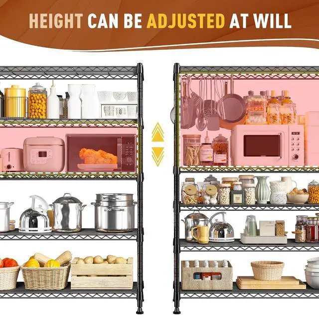Alt view image 5 of 7 - 5-Tier Wire Shelving Storage Shelves Metal Shelves,1020 LBS Adjustable Heavy Duty Metal Shelving Units and Storage for Garage Pantry Kitchen Bathroom 29" W X 14" D X 63" H