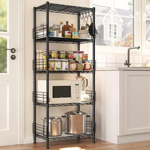 Alt view image 2 of 7 - 5 Tier Wire Shelves with Side Blockers Pantry Shelves Organizers with Hooks & Shelf Linker Adjustable Metal Shelving for Storage, Kitchen,Pantry,Bathroom,Laundry Room,59.1"H x 21.7"W x 13.8"D