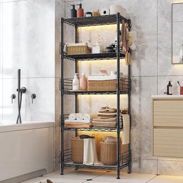 Alt view image 4 of 7 - 5 Tier Wire Shelves with Side Blockers Pantry Shelves Organizers with Hooks & Shelf Linker Adjustable Metal Shelving for Storage, Kitchen,Pantry,Bathroom,Laundry Room,59.1"H x 21.7"W x 13.8"D