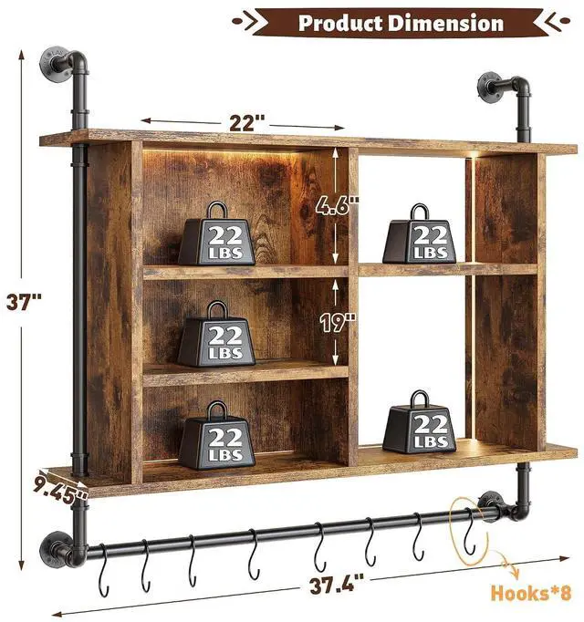 Alt view image 2 of 7 - 4-Tier Industrial Pipe Wall-Mounted Shelf, 37.4" Large Capacity Floating Shelves with Dimmable RGB LED & Adjustable Shelves Plus Under Hanging Hooks for Kitchen Living Room Bar, Rustic Brown