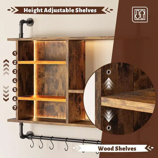 Alt view image 4 of 7 - 4-Tier Industrial Pipe Wall-Mounted Shelf, 37.4" Large Capacity Floating Shelves with Dimmable RGB LED & Adjustable Shelves Plus Under Hanging Hooks for Kitchen Living Room Bar, Rustic Brown