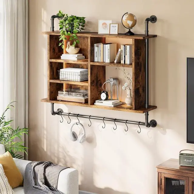 Alt view image 5 of 7 - 4-Tier Industrial Pipe Wall-Mounted Shelf, 37.4" Large Capacity Floating Shelves with Dimmable RGB LED & Adjustable Shelves Plus Under Hanging Hooks for Kitchen Living Room Bar, Rustic Brown