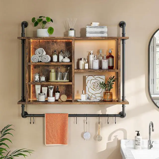 Alt view image 6 of 7 - 4-Tier Industrial Pipe Wall-Mounted Shelf, 37.4" Large Capacity Floating Shelves with Dimmable RGB LED & Adjustable Shelves Plus Under Hanging Hooks for Kitchen Living Room Bar, Rustic Brown