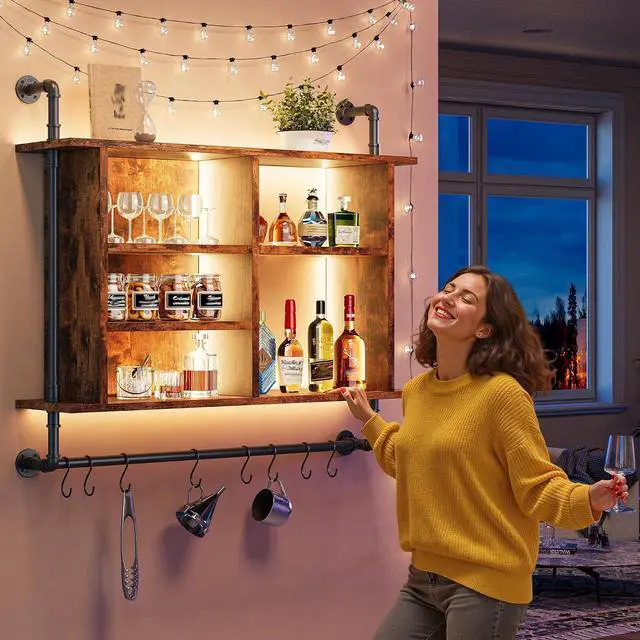 Alt view image 7 of 7 - 4-Tier Industrial Pipe Wall-Mounted Shelf, 37.4" Large Capacity Floating Shelves with Dimmable RGB LED & Adjustable Shelves Plus Under Hanging Hooks for Kitchen Living Room Bar, Rustic Brown