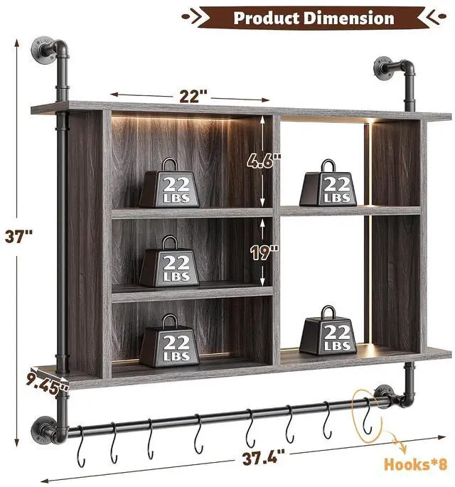 Alt view image 2 of 7 - 4-Tier Industrial Pipe Wall-Mounted Shelf, 37.4" Large Capacity Floating Shelves with Dimmable RGB LED & Adjustable Shelves Plus Under Hanging Hooks for Kitchen Living Room Bar, Dark Grey