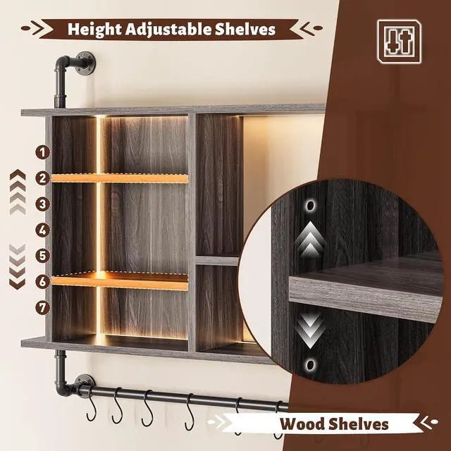 Alt view image 4 of 7 - 4-Tier Industrial Pipe Wall-Mounted Shelf, 37.4" Large Capacity Floating Shelves with Dimmable RGB LED & Adjustable Shelves Plus Under Hanging Hooks for Kitchen Living Room Bar, Dark Grey