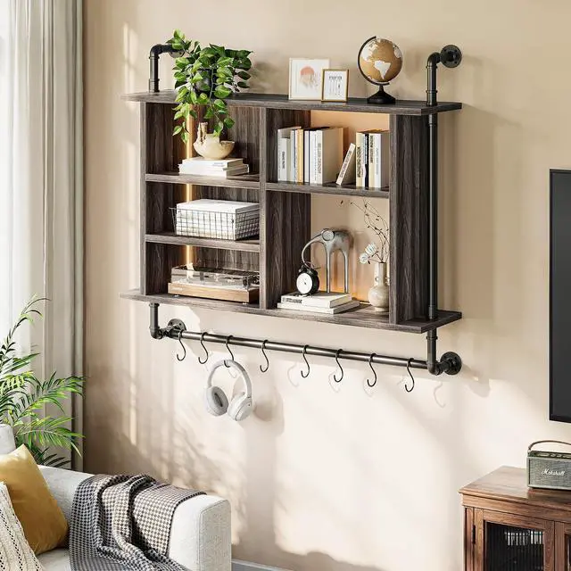 Alt view image 5 of 7 - 4-Tier Industrial Pipe Wall-Mounted Shelf, 37.4" Large Capacity Floating Shelves with Dimmable RGB LED & Adjustable Shelves Plus Under Hanging Hooks for Kitchen Living Room Bar, Dark Grey