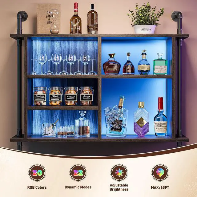 Alt view image 3 of 7 - 4-Tier Industrial Pipe Wall-Mounted Shelf, 37.4" Large Capacity Floating Shelves with Dimmable RGB LED & Adjustable Shelves Plus Under Hanging Hooks for Kitchen Living Room Bar, Dark Grey