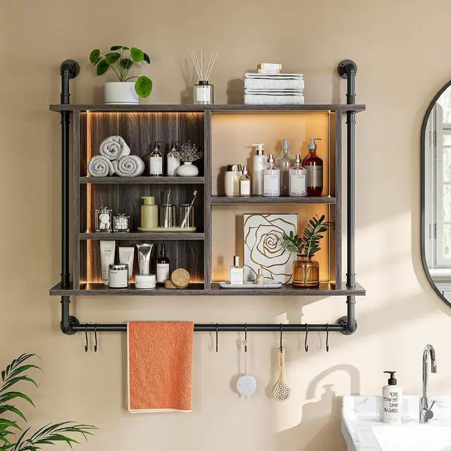 Alt view image 6 of 7 - 4-Tier Industrial Pipe Wall-Mounted Shelf, 37.4" Large Capacity Floating Shelves with Dimmable RGB LED & Adjustable Shelves Plus Under Hanging Hooks for Kitchen Living Room Bar, Dark Grey
