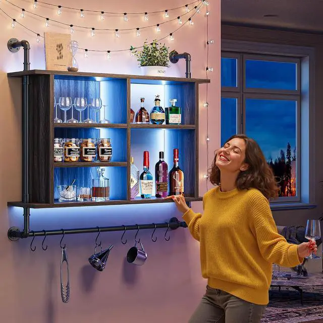 Alt view image 7 of 7 - 4-Tier Industrial Pipe Wall-Mounted Shelf, 37.4" Large Capacity Floating Shelves with Dimmable RGB LED & Adjustable Shelves Plus Under Hanging Hooks for Kitchen Living Room Bar, Dark Grey