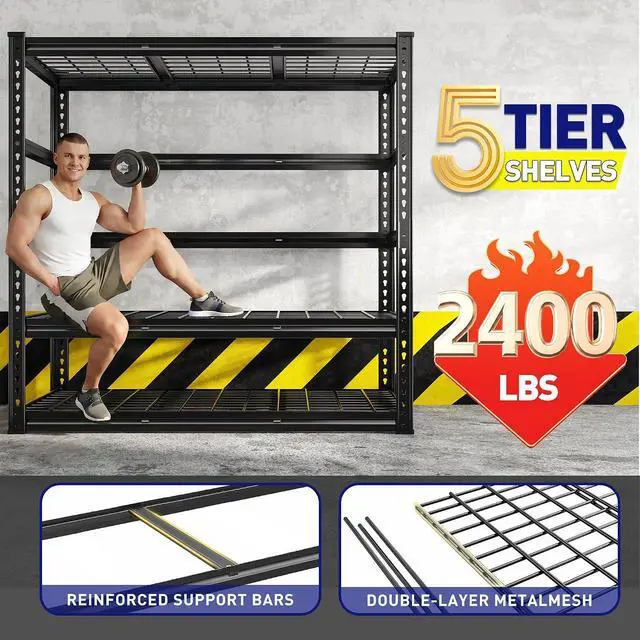 Alt view image 4 of 7 - 48" W Garage Shelving, 5-Tier Storage Shelves Load 3030LBS, Adjustable Garage Shelves, Industrial Shelving for Basement, Warehouse, Workshop, Kitchen, 48" W x 18" D x 72" H