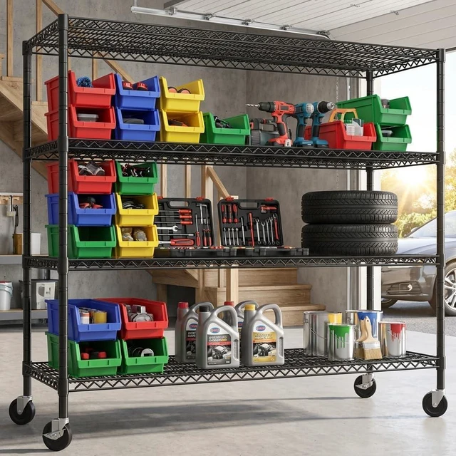 Alt view image 2 of 7 - 60" W Storage Shelves 2878LBS Metal Shelving Unit with Wheels Heavy Duty Garage Shelving Adjustable Wire Shelves for Pantry,Kitchen,Garage,Basement,Business,Warehouse,School,60W ×24D×65.3H
