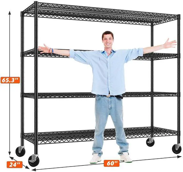 Alt view image 3 of 7 - 60" W ×24" D×65.3" H, 4 Tier Wire Shelving 2878LBS Heavy Duty Steel Storage Rack Shelving Adjustable Shelves for Warehouses, Garages, Kitchens, and Commercial Spaces/Premium Wheels 2 Pack