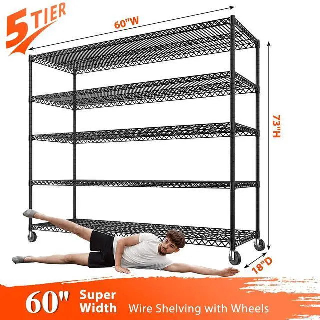 Alt view image 3 of 7 - Storage Shelves 3200 LBS Capacity Wire Shelving with Wheels Heavy Duty Metal Shelf for Warehouses, Garage,Kitchens, School,Commercial Shelf, 73" H X 60" W X 18" D, 2 Pack
