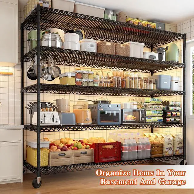 Alt view image 6 of 7 - Storage Shelves 3200 LBS Capacity Wire Shelving with Wheels Heavy Duty Metal Shelf for Warehouses, Garage,Kitchens, School,Commercial Shelf, 73" H X 60" W X 18" D, 2 Pack