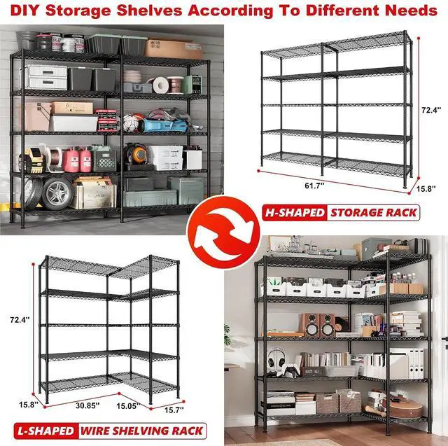 Alt view image 3 of 7 - 5 Tier Metal Shelving Unit Storage Shelves Load 1500LBS,Adjustable Wire Shelving Pantry Shelves for Storage,Kitchen Shelves Storage Rack for Commercial Garage Shelving Heavy Duty,61.7"W*72.4"H*15.8"D