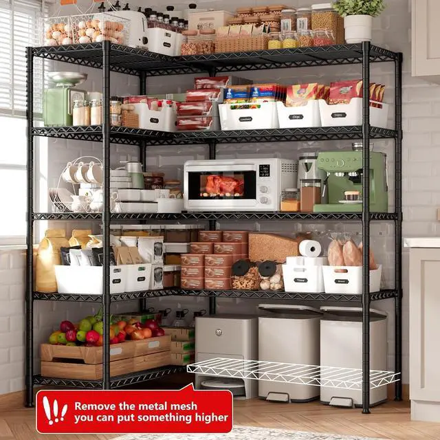 Alt view image 5 of 7 - 5 Tier Metal Shelving Unit Storage Shelves Load 1500LBS,Adjustable Wire Shelving Pantry Shelves for Storage,Kitchen Shelves Storage Rack for Commercial Garage Shelving Heavy Duty,61.7"W*72.4"H*15.8"D