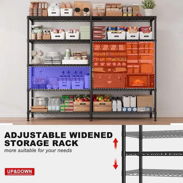 Alt view image 7 of 7 - 5 Tier Metal Shelving Unit Storage Shelves Load 1500LBS,Adjustable Wire Shelving Pantry Shelves for Storage,Kitchen Shelves Storage Rack for Commercial Garage Shelving Heavy Duty,61.7"W*72.4"H*15.8"D