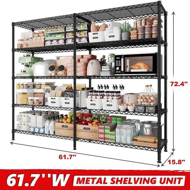 Alt view image 6 of 7 - 5 Tier Metal Shelving Unit Storage Shelves Load 1500LBS,Adjustable Wire Shelving Pantry Shelves for Storage,Kitchen Shelves Storage Rack for Commercial Garage Shelving Heavy Duty,61.7"W*72.4"H*15.8"D