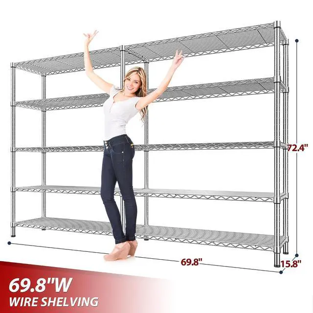 Alt view image 3 of 7 - 69.8" W Storage Shelves 1510LBS Wire Shelving Unit 5 Tier Metal Shelving for Storage Rack Shelves Adjustable Heavy Duty Garage Shelf Pantry Shelves Kitchen Shelving,69.8"Wx15.8"Dx72.4"H,Chrome