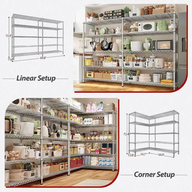 Alt view image 6 of 7 - 69.8" W Storage Shelves 1510LBS Wire Shelving Unit 5 Tier Metal Shelving for Storage Rack Shelves Adjustable Heavy Duty Garage Shelf Pantry Shelves Kitchen Shelving,69.8"Wx15.8"Dx72.4"H,Chrome