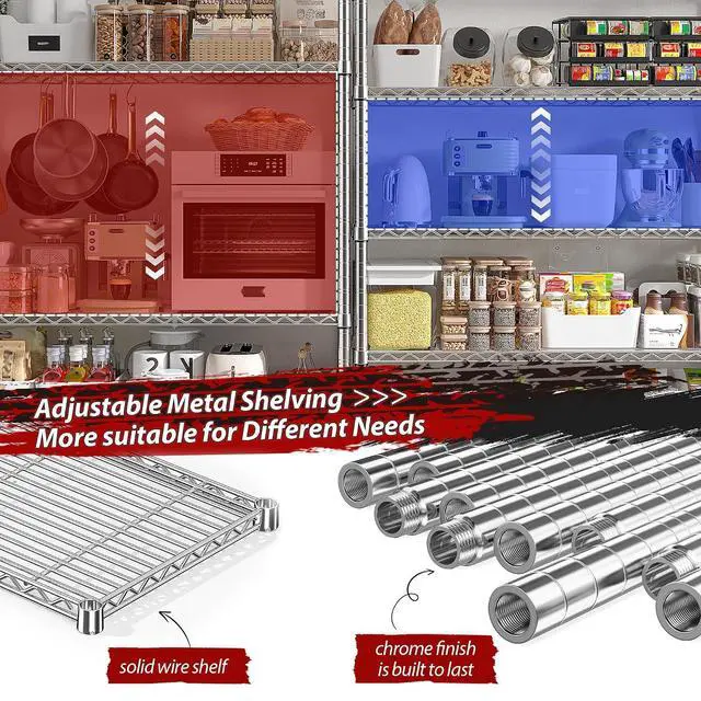 Alt view image 7 of 7 - 69.8" W Storage Shelves 1510LBS Wire Shelving Unit 5 Tier Metal Shelving for Storage Rack Shelves Adjustable Heavy Duty Garage Shelf Pantry Shelves Kitchen Shelving,69.8"Wx15.8"Dx72.4"H,Chrome