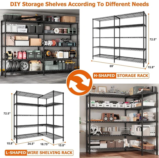 Alt view image 4 of 7 - 1600LBS Heavy Duty Storage Shelves 5-Tier Extra-Wide Metal Shelving 69.8" W x 72.4" H Capacity Garage Shelving Unit Adjustable Wire Shelving for Kitchen Garage Pantry Basement