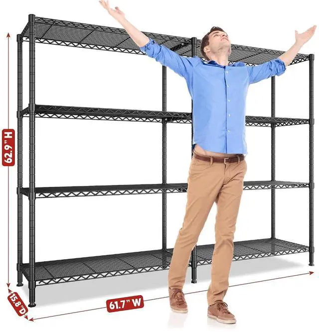 Alt view image 3 of 7 - 61.7''W Storage Shelves Load 1220LBS Wire Shelving Unit 4 Tier Metal Shelving for Storage Rack Shelves Heavy Duty Garage Shelf Pantry Shelves Kitchen Shelving, 61.7" W*62.9" H*15.8" D, Black