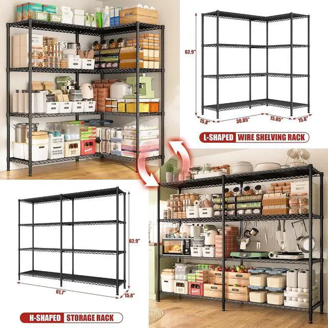 Alt view image 5 of 7 - 61.7''W Storage Shelves Load 1220LBS Wire Shelving Unit 4 Tier Metal Shelving for Storage Rack Shelves Heavy Duty Garage Shelf Pantry Shelves Kitchen Shelving, 61.7" W*62.9" H*15.8" D, Black